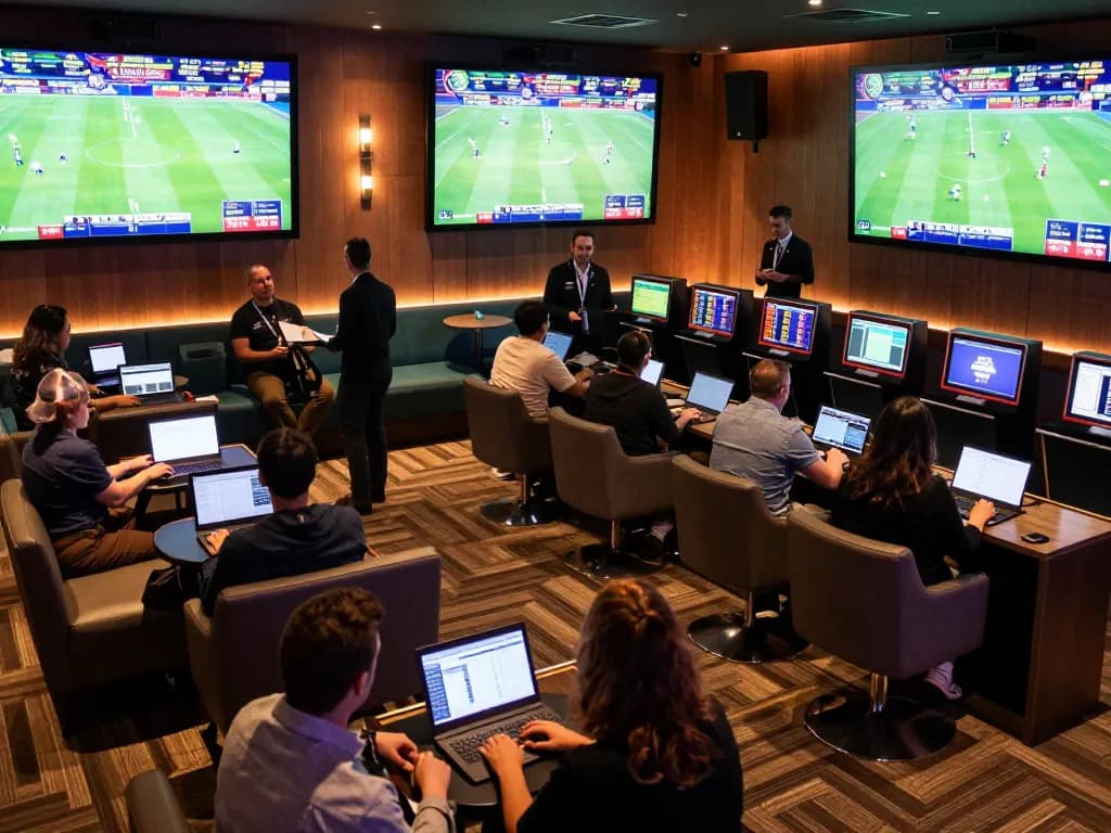 Tỷ lệ kèo nhà cái hôm nay displayed on large screens in a bustling sports betting lounge.