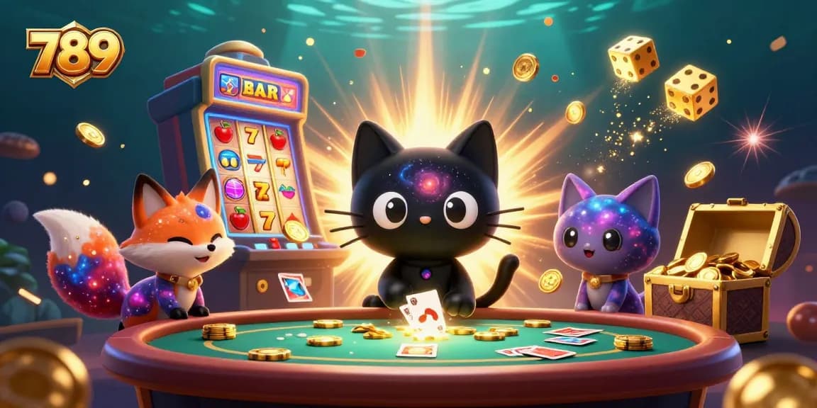 Experience thrilling casino action with 789, featuring a cosmic cat and colorful nebula fox.