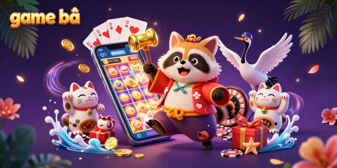 Engage with game bài featuring a lively scene with tanuki, samurai crane, and colorful fortune cats.