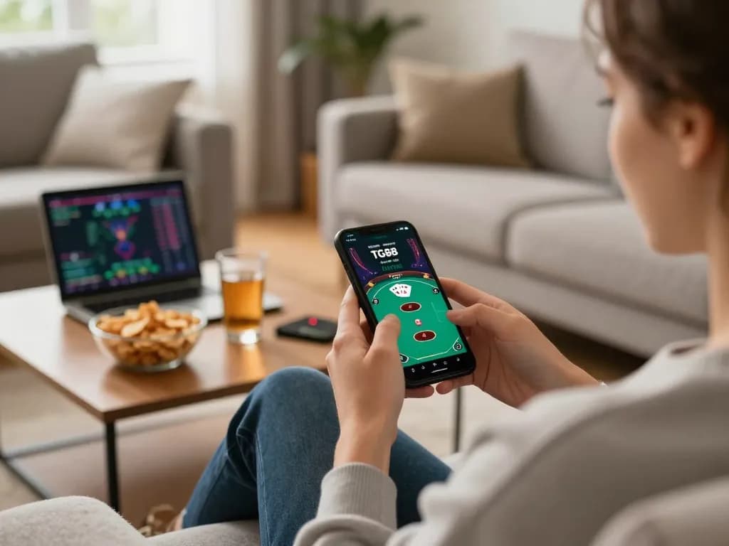 Player using smartphone to tải tg88 app for online gaming while sitting comfortably at home