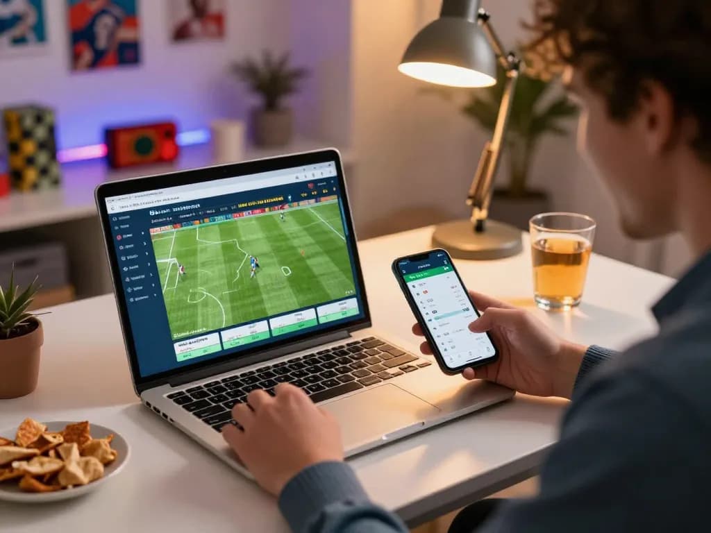 Pengguna terlibat yang memasang taruhan pada pertandingan olahraga Judi Bola dari pengaturan rumah yang nyaman, menekankan permainan yang strategis.