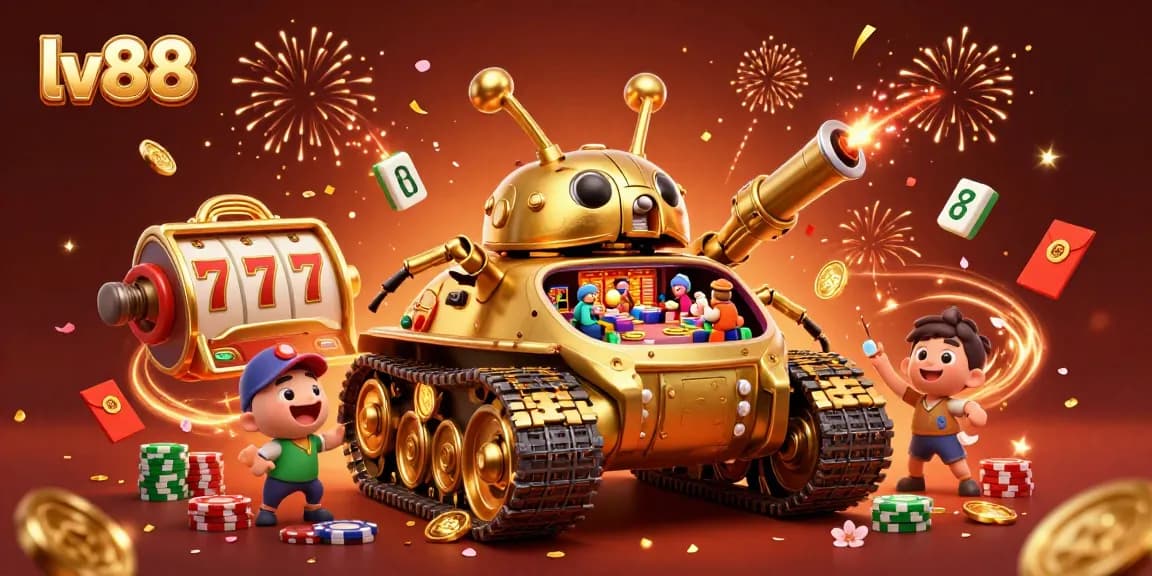 Join the fun at lv88's dazzling miniature casino inside a golden tank, celebrating exciting games!