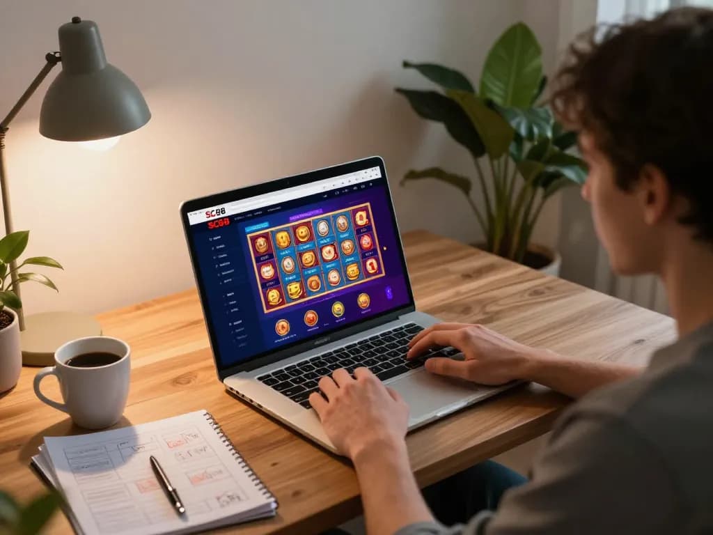 Player enjoying SC88's online gaming platform with slot games in a cozy home setting