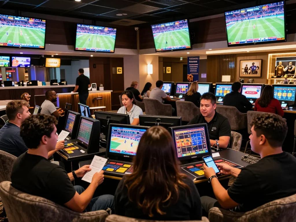 Engaged bettors analyzing tỷ lệ bóng đá kèo nhà cái at a vibrant sports betting lounge