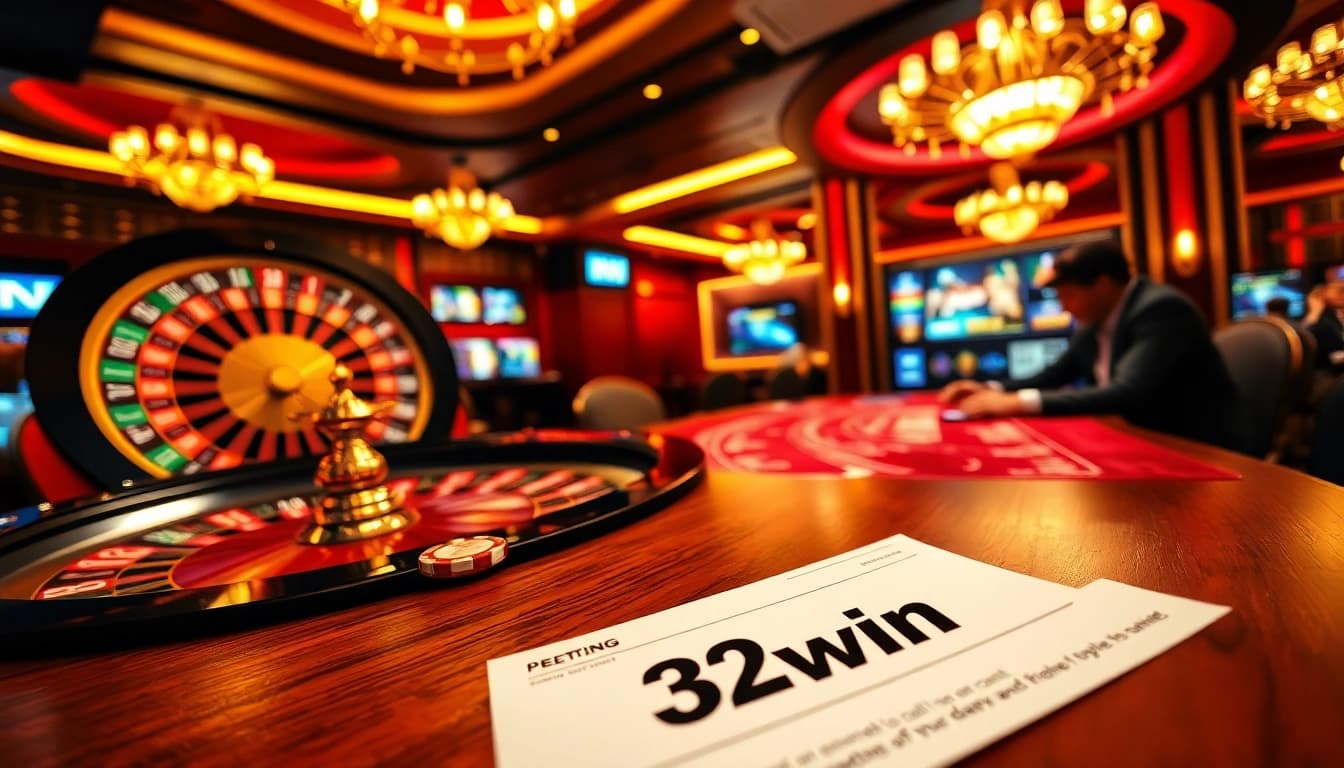 Engaging scene of enthusiastic players at a 32win casino table, featuring roulette and poker elements.