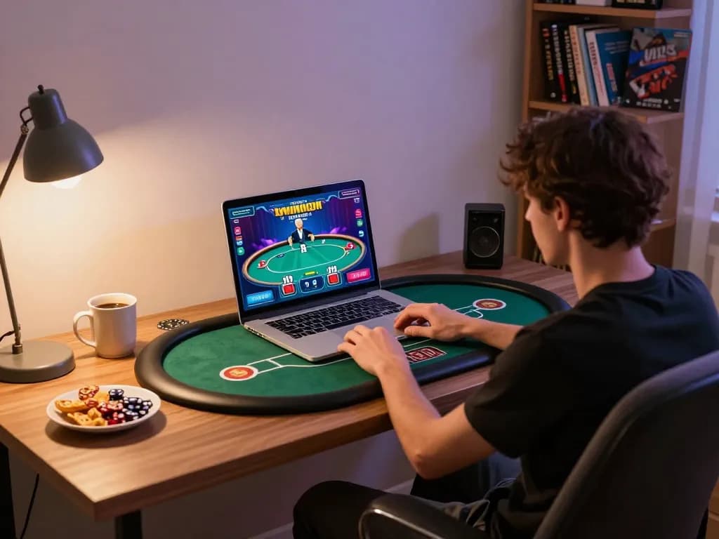 Pemain terlibat dalam permainan poker online di gg999 dari pengaturan rumah yang nyaman, menunjukkan strategi dan kesenangan.
