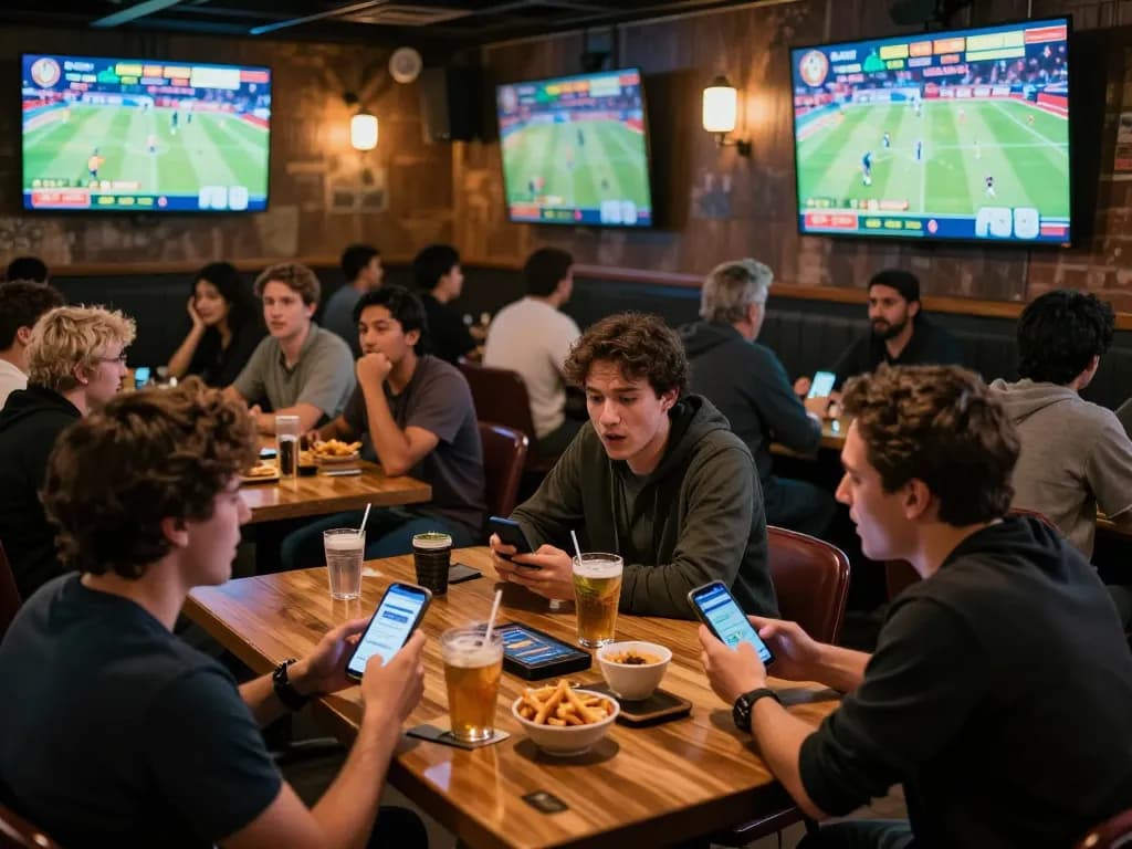 Soi kèo action in a lively sports bar with fans placing bets on their smartphones during a match.