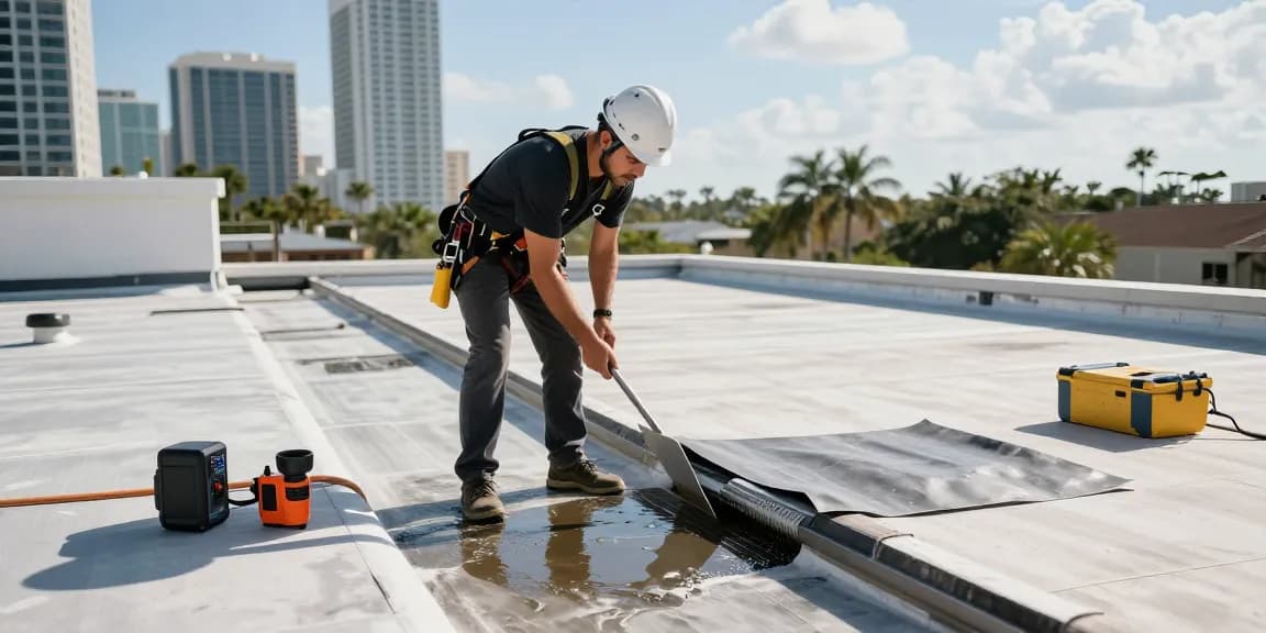 Flat roof repair expert inspecting TPO roofing in Tampa, highlighting issues and solutions, focusing on https://avatarroofing.com/residential-roofing-tampa/roof-repair-tampa/flat-roof-repair-tampa/.