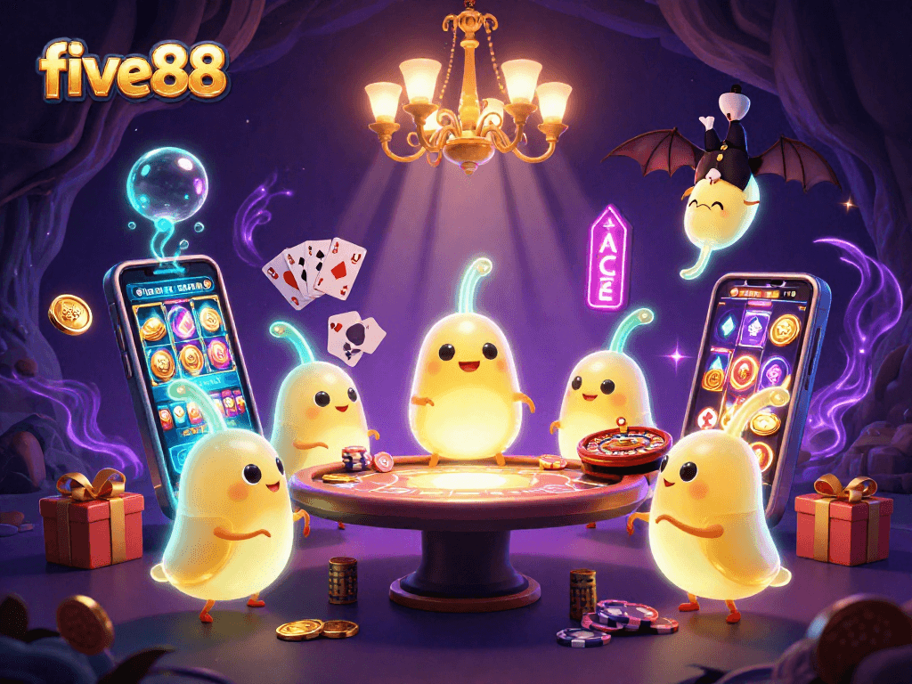 Play exciting slot games at five88, illuminated by glowing glowworms in a vibrant casino scene.