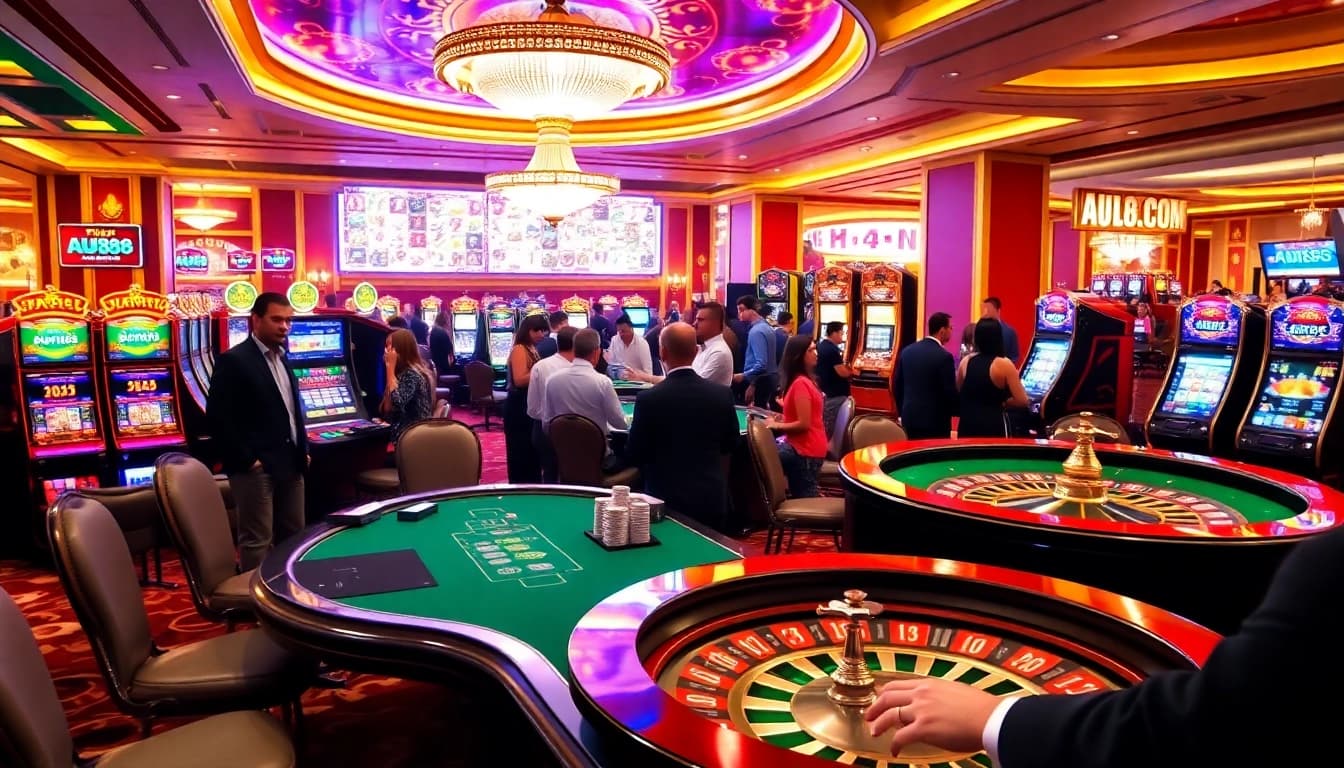 Experience the thrill of gambling at AU88 .com with vibrant casino gaming tables and slot machines.