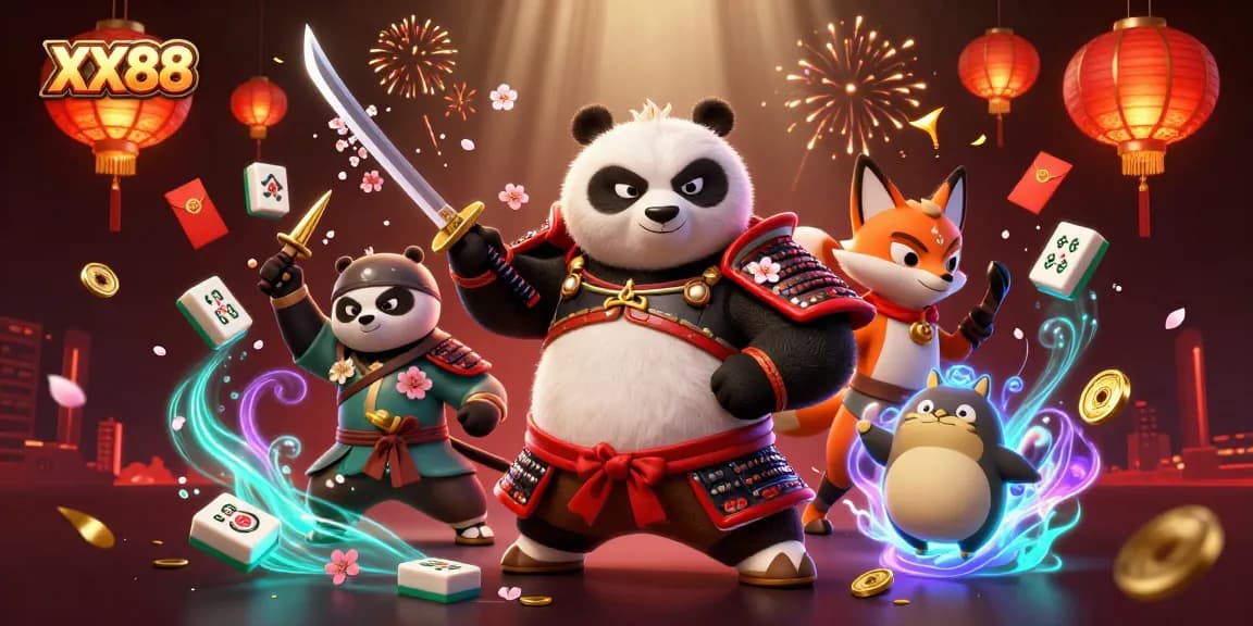 Experience thrilling moments at XX88 with a striking illustration of samurai panda and ninja fox in action.