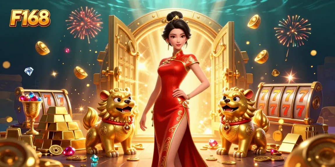 Engage with F168's thrilling gaming world featuring vibrant slot reels, golden treasures, and captivating characters.