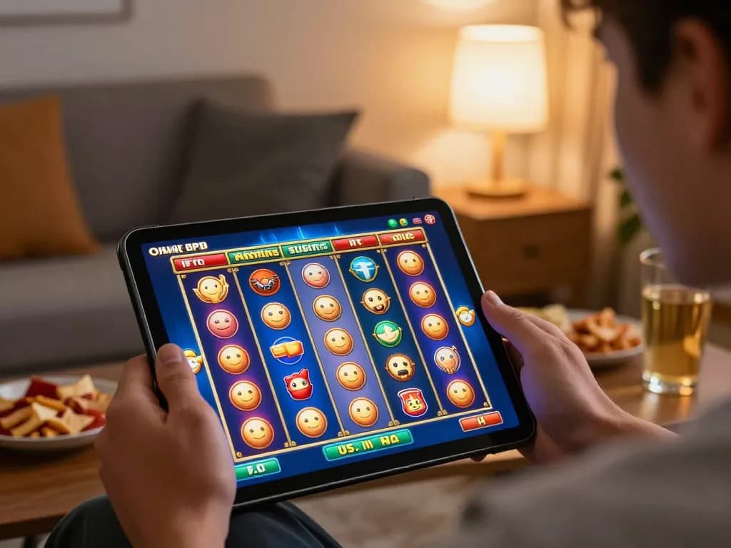 Engaging moment of playing slots at https://bong88viva.za.com/ with vibrant interface on tablet in cozy home setting.