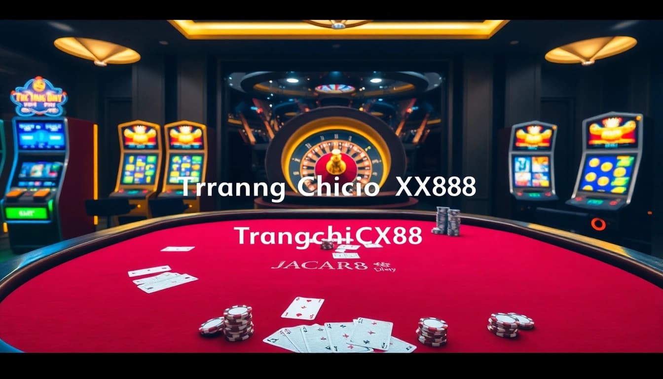 Experience the thrill of Trang Chủ XX88 at a luxurious casino table with baccarat cards and bright slot machines.