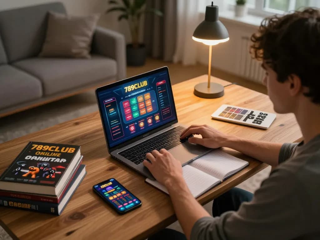 Engaging moment of a player enjoying 789CLUB online casino on a laptop while tracking bankroll management in a cozy home setup.