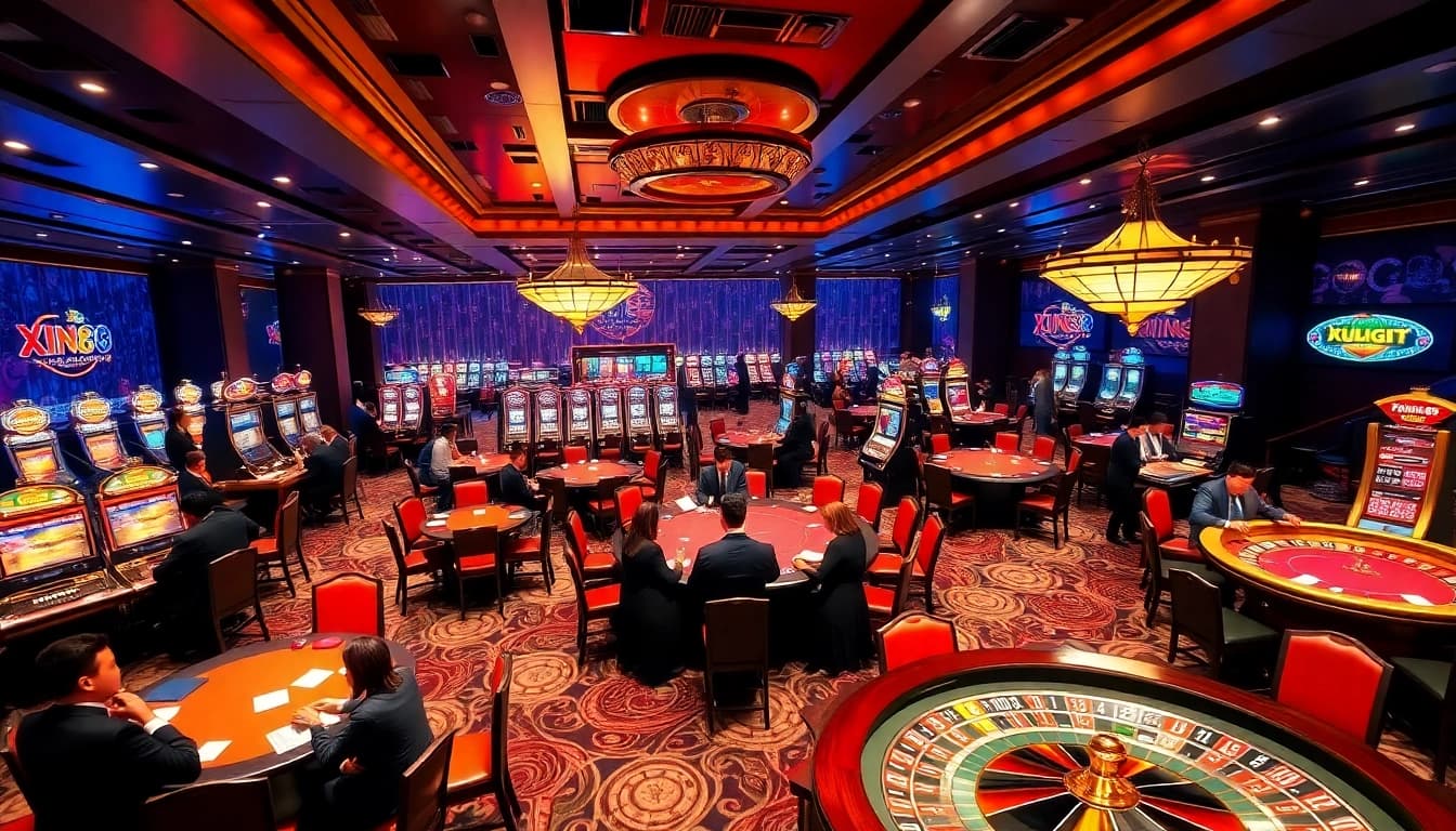 Exciting gambling scene at Xin88 casino with players at roulette and poker tables.