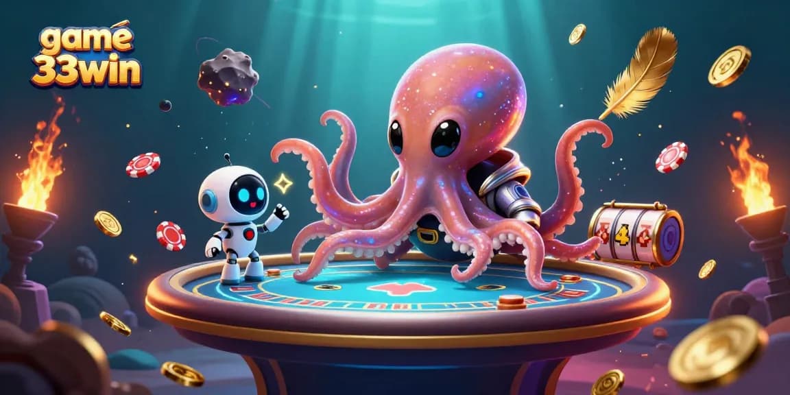 Experience the excitement of game 33win with an alien octopus at a holographic poker table in a vibrant casino scene.