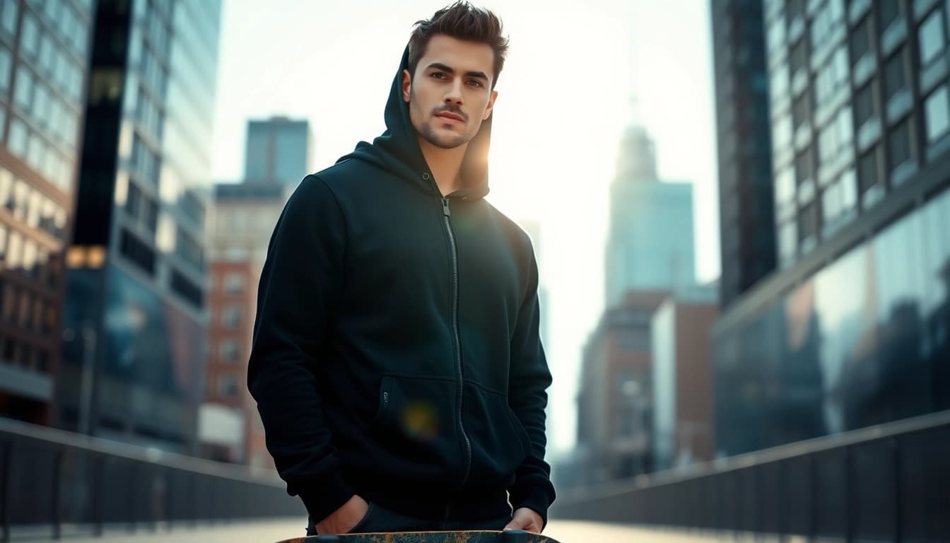 Model showcasing a black zip up hoodie in an urban setting with a skateboard.