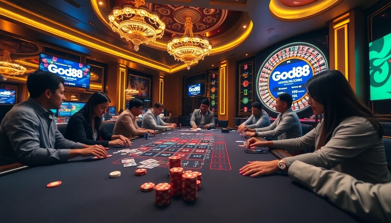 Experience high-stakes excitement at Good88 with colorful poker chips and illuminated casino tables.