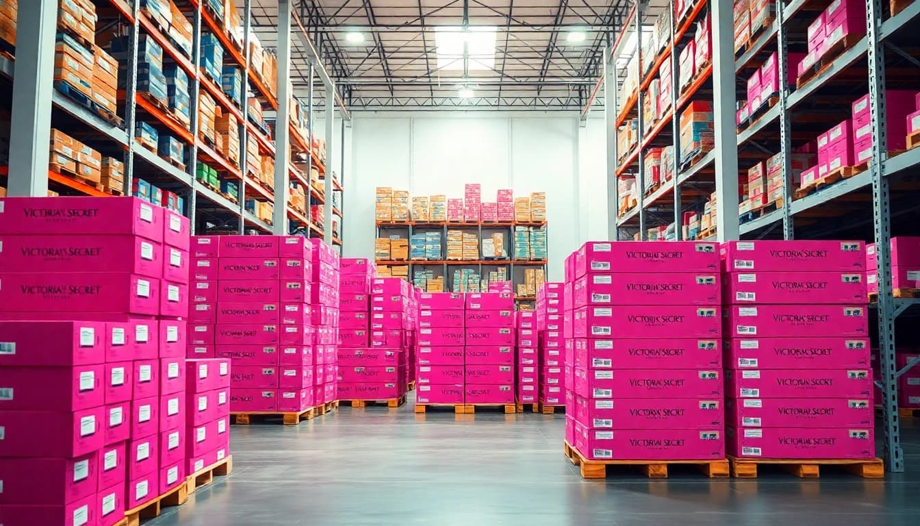 Showcase of Victoria’s Secret Pallets in a bright warehouse setting, highlighting product variety.