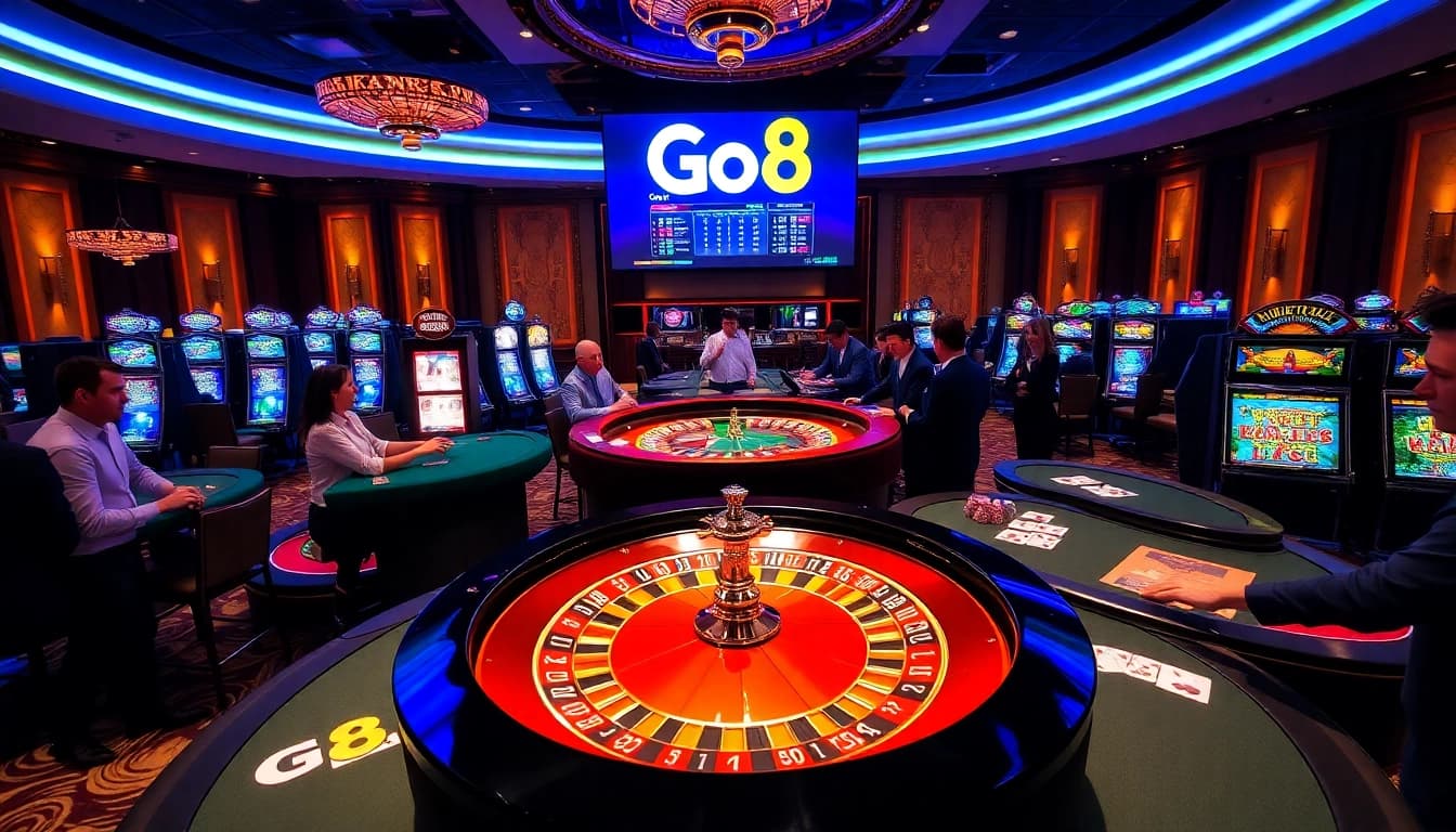 Go8's vibrant casino scene with roulette wheel, engaging players, and lively betting atmosphere.