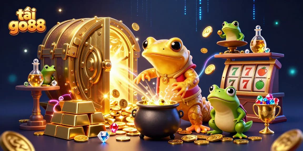 Tải go88 and win big with the vibrant 3D casino-themed illustration showcasing alchemists and treasure.