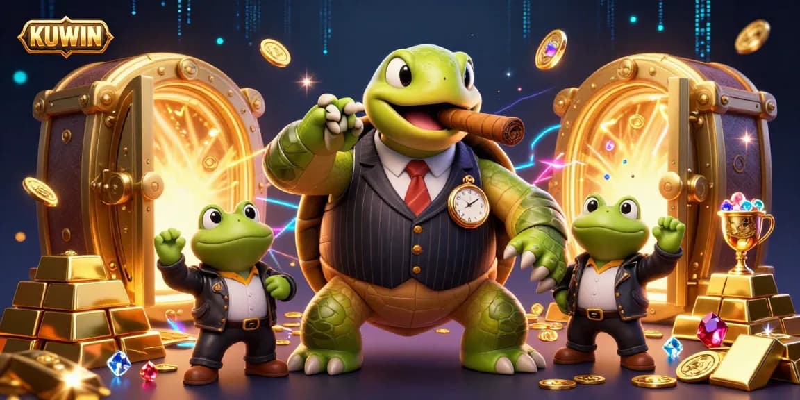 KUWIN casino scene featuring a snapping turtle and bullfrog enforcers surrounded by sparkling gems and treasures.