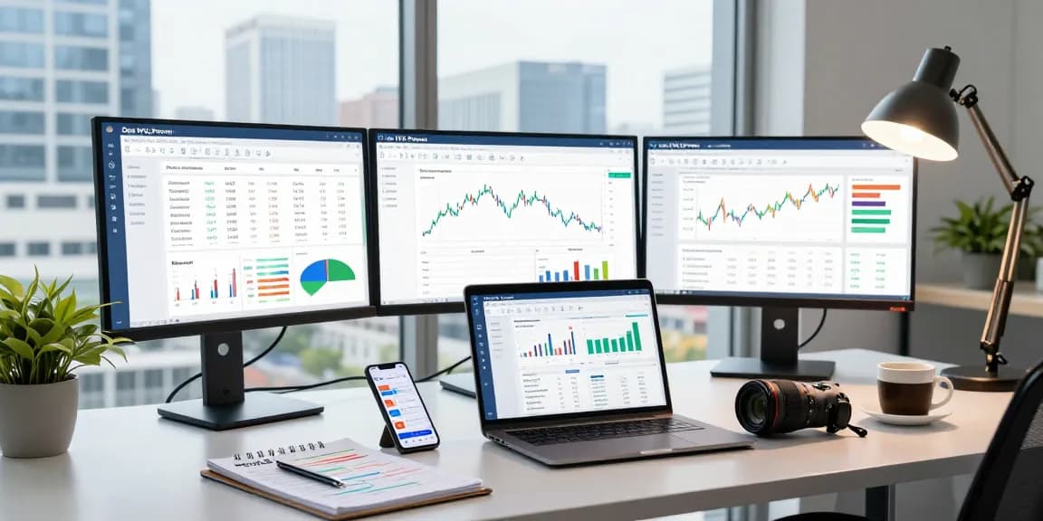 Analyzing financial data on the Das IVQ Portal in a modern office.