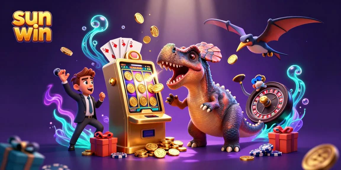 Experience the thrill of sun win as the pachycephalosaurus celebrates jackpot coins in a vibrant casino scene.