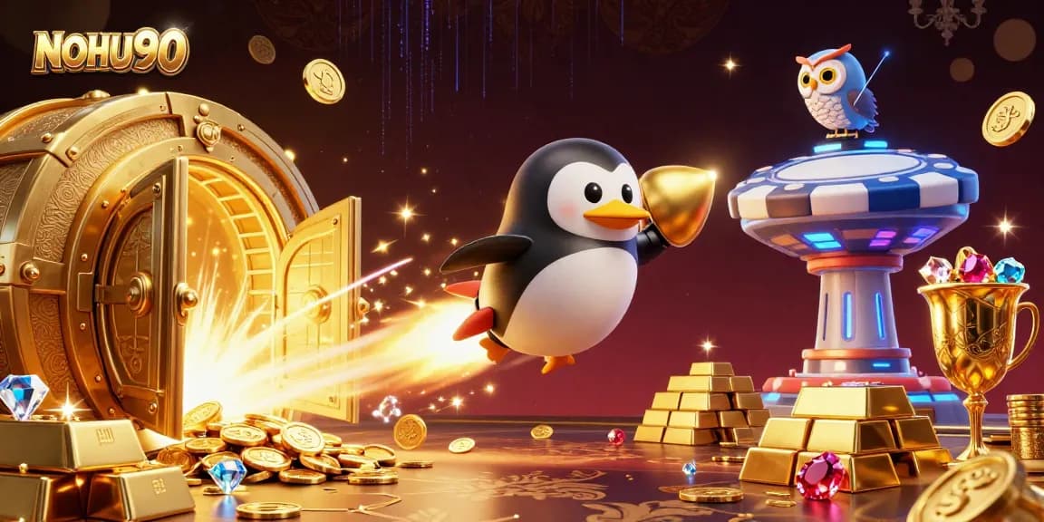 Spin to win with NOHU90 as a golden penguin flies toward a casino space station!