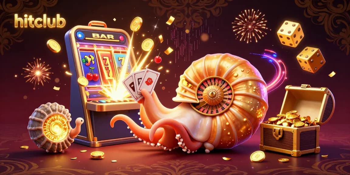 Hitclub showcases vibrant casino excitement with a giant nautilus roulette wheel, glowing ammonites, and jackpot elements.