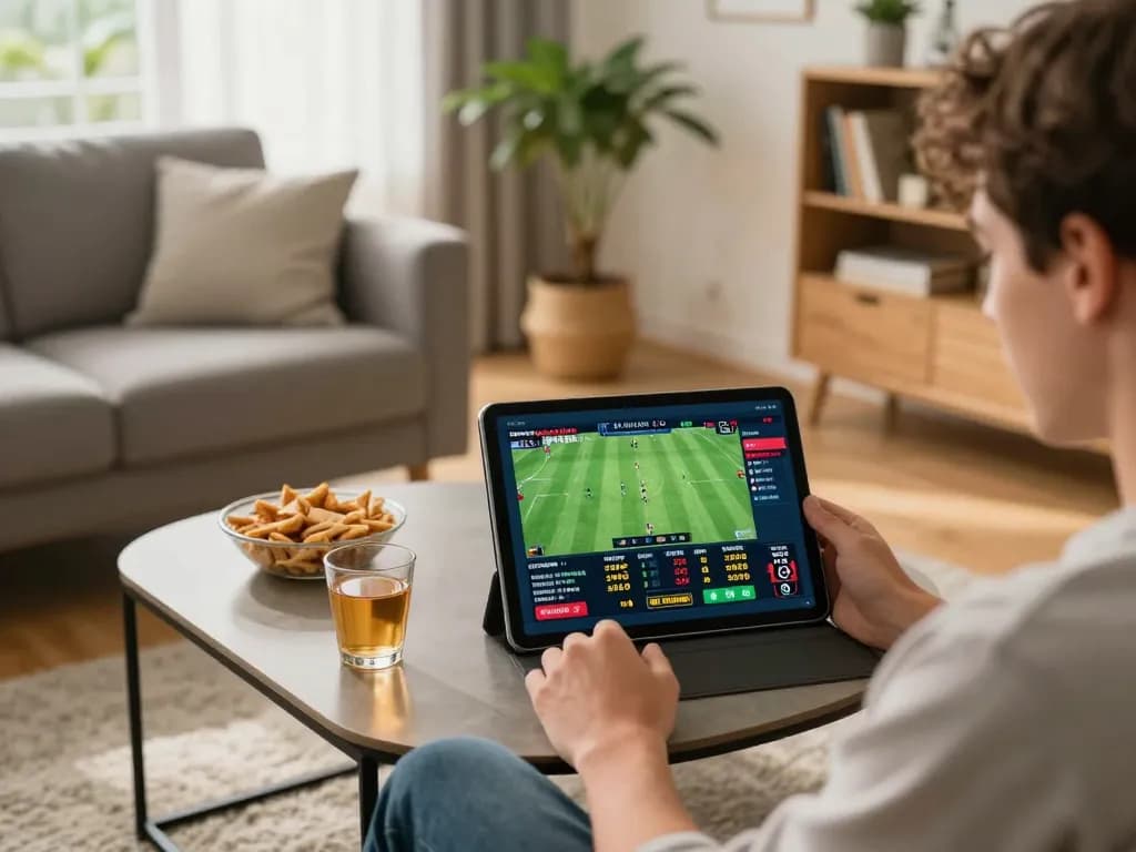 Engaging sports betting scene at home with gamedoithuong88 user placing live bets on tablet.