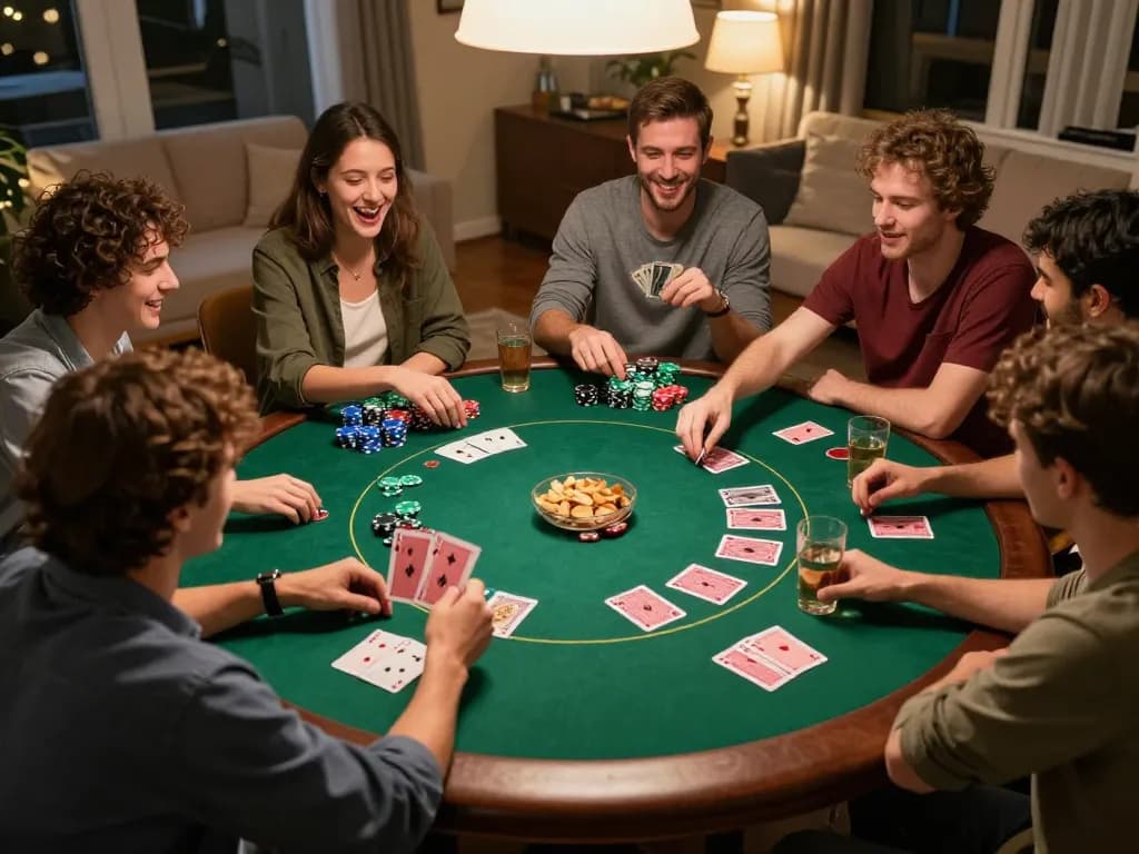 Friends enjoying a lively poker night, showcasing the engaging gambling experience with qq88.