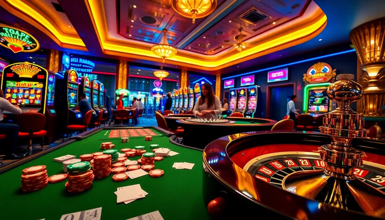 Players engaging in thrilling casino games at https://bem88.com with vibrant slot machines.