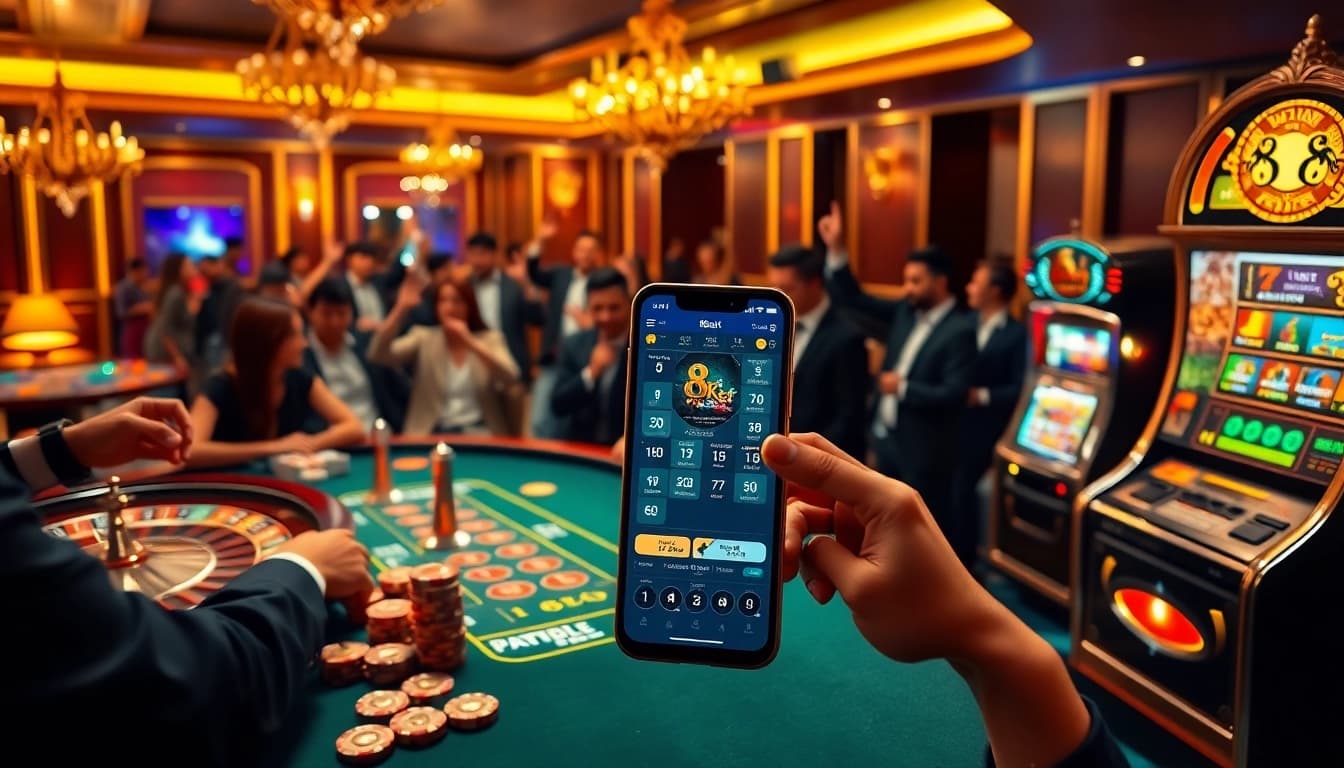 Tải app 8kbet enhances mobile gambling experience with vibrant casino scenes and excited players.