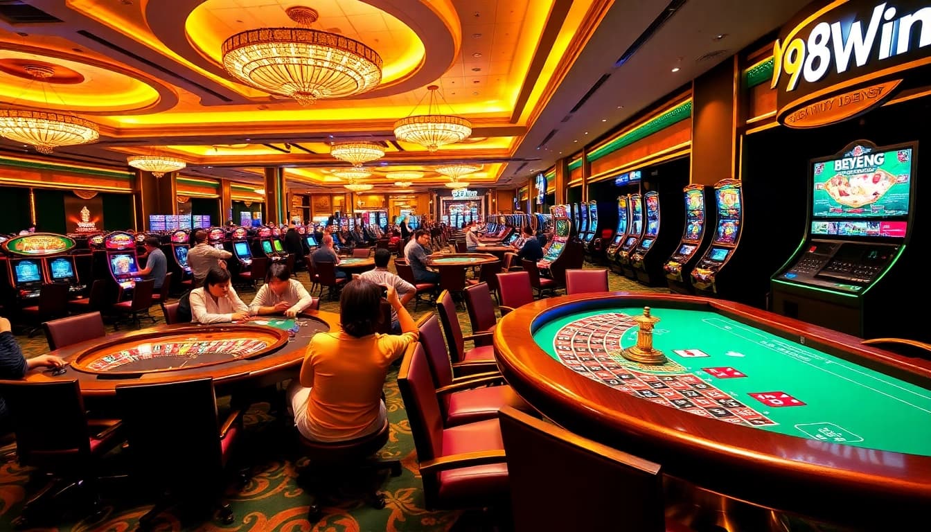 Experience the excitement of 98Win with players enjoying diverse games in a luxurious casino setting.