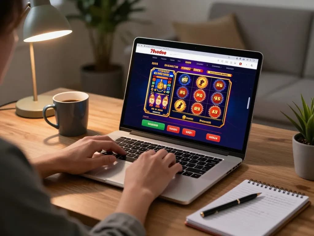 Engage with exciting gameplay at 79sodoe online casino using a laptop in a cozy home setting.
