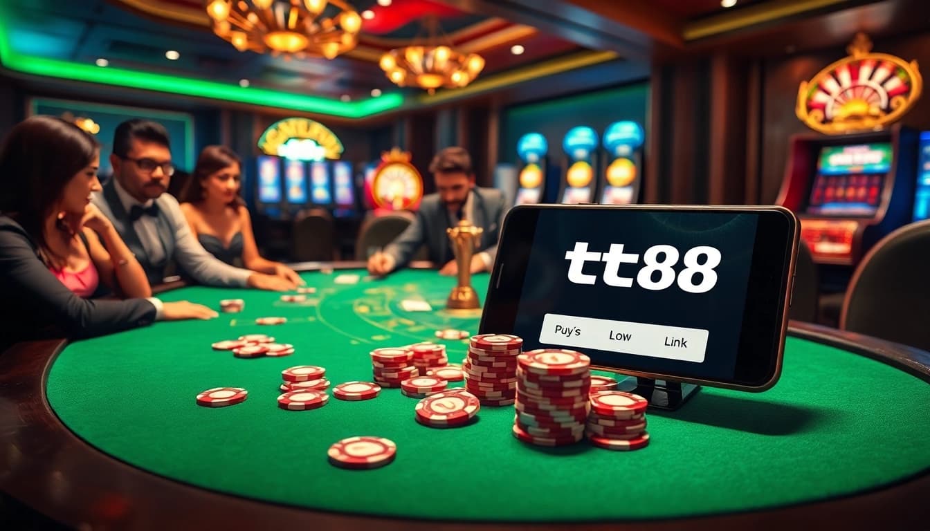 A vibrant casino scene illustrating players using the tt88 link at a poker table with luxurious chips and roulette wheel.