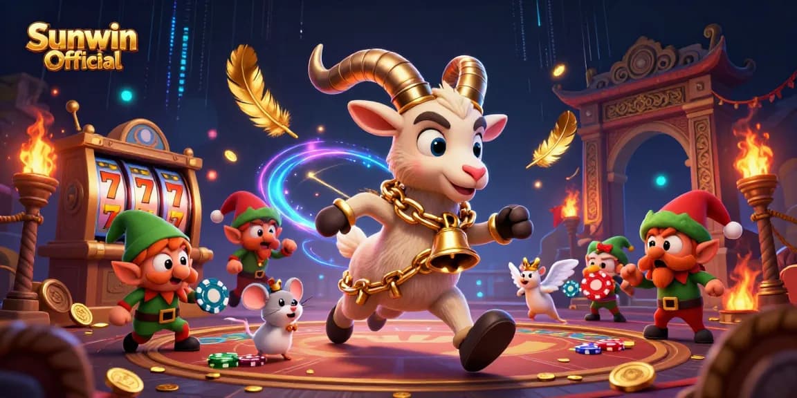 Experience the festive thrill of Sunwin Official in a vibrant casino with unique characters and gambling elements.
