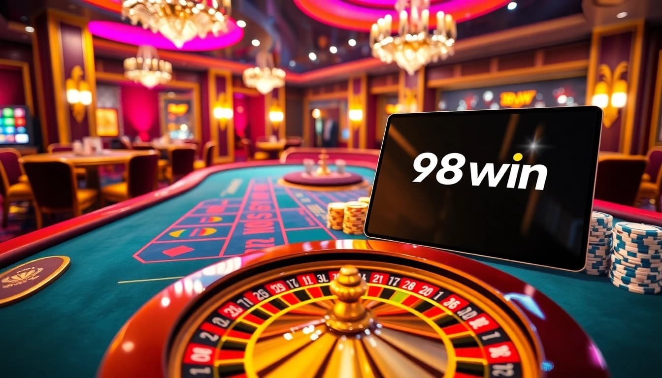 Engaging scene at 98win casino featuring vibrant tables, chips, and thrilling online action.