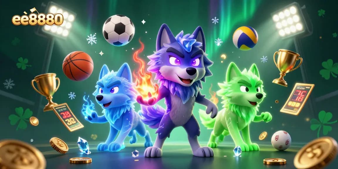 Experience thrilling wins at ee8880 with ghostly wolves surrounded by sports action and casino elements.
