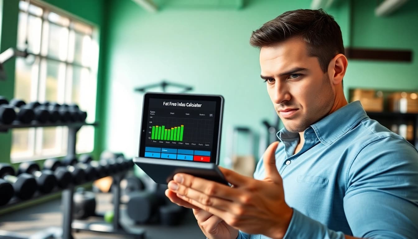 Calculate your fat free mass index with a fitness coach using a digital calculator in a bright gym.