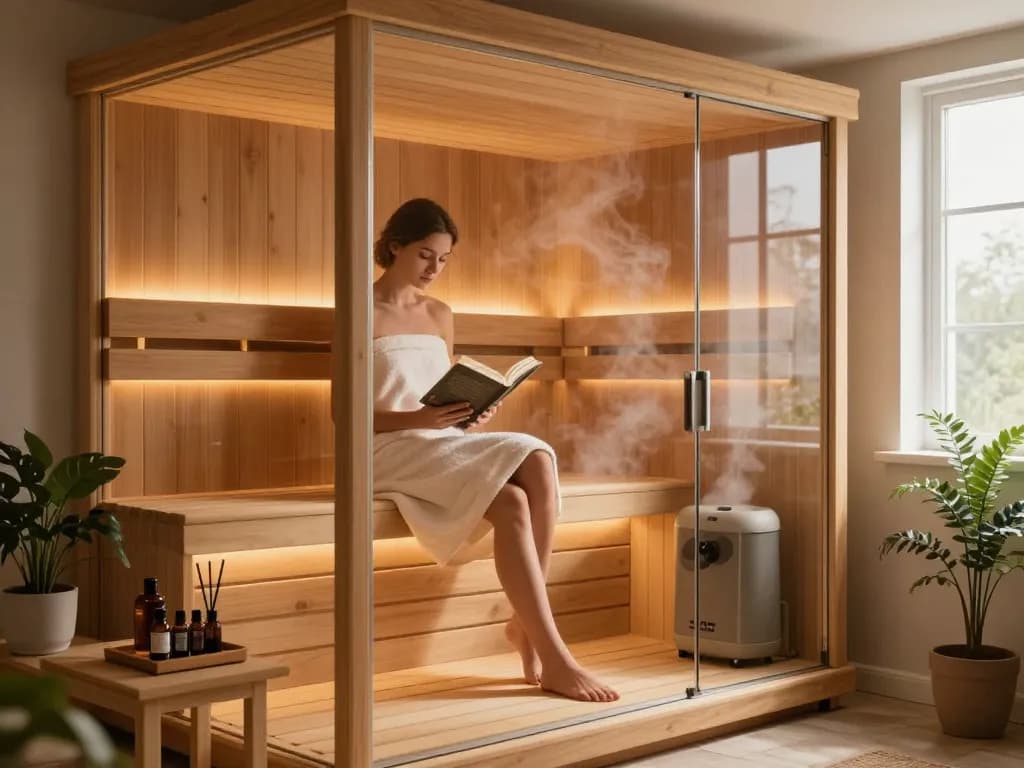 Inviting sauna 3D design with soft lighting and cozy ambiance, featuring a person relaxing.