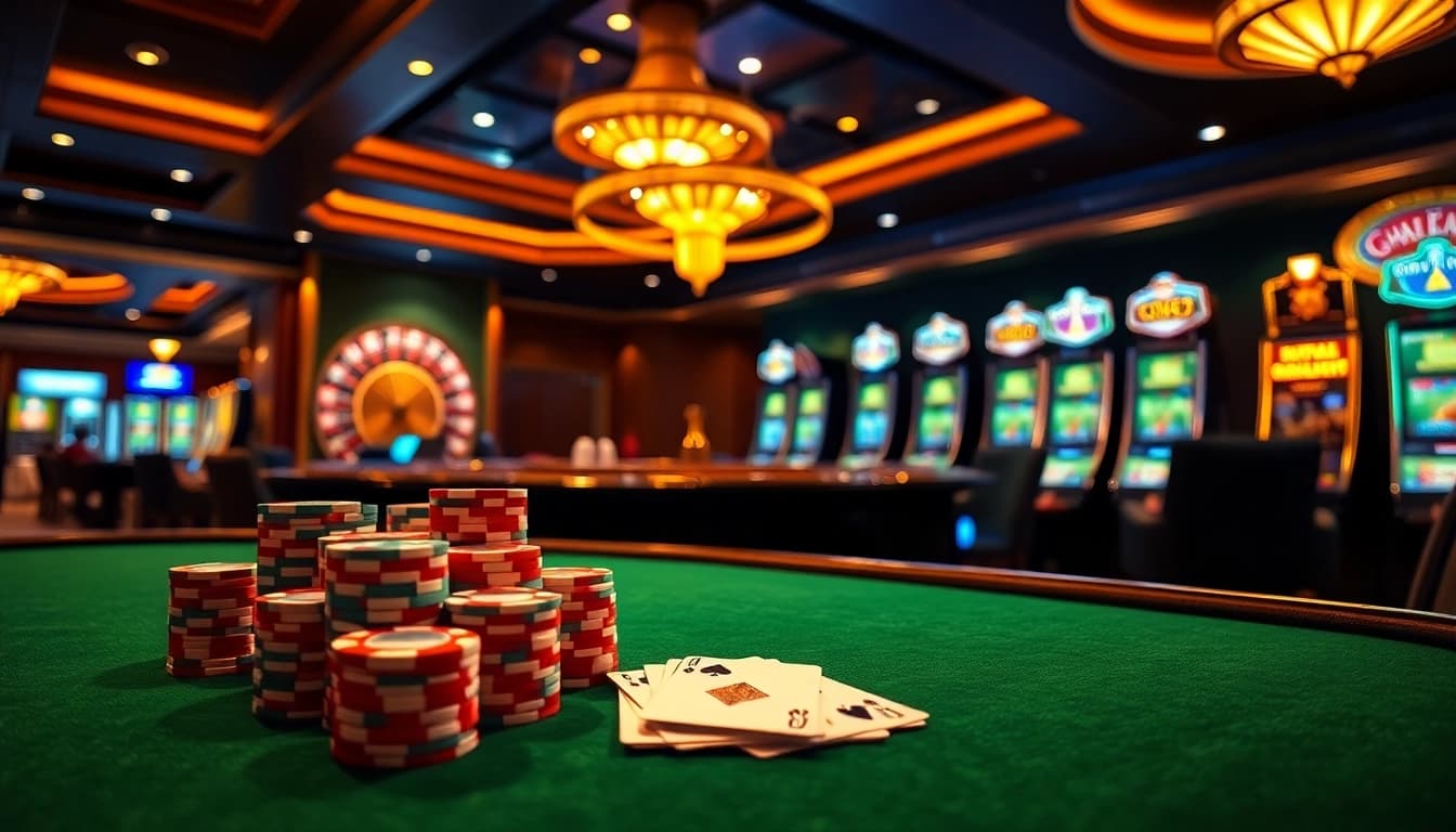 Engage in thrilling poker action at https://kong88.win with vibrant chips and cards amidst a luxurious casino backdrop.