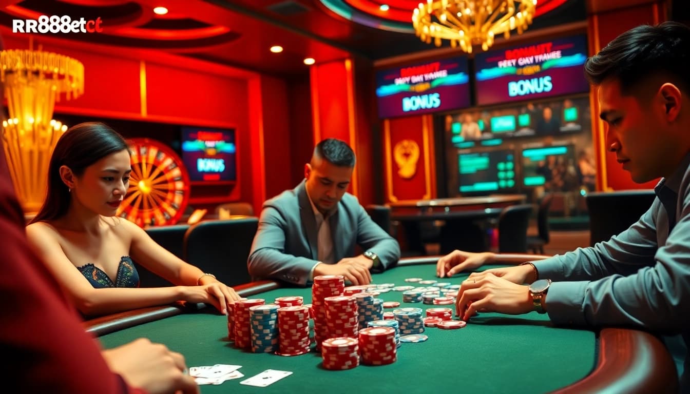 Experience the thrill of rr88bet at a luxurious poker table filled with players and vibrant chips.