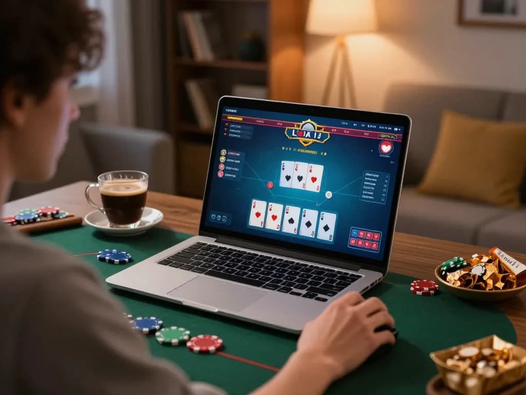 Engaging online poker gameplay at home with a laptop displaying vipwin strategies and chips.