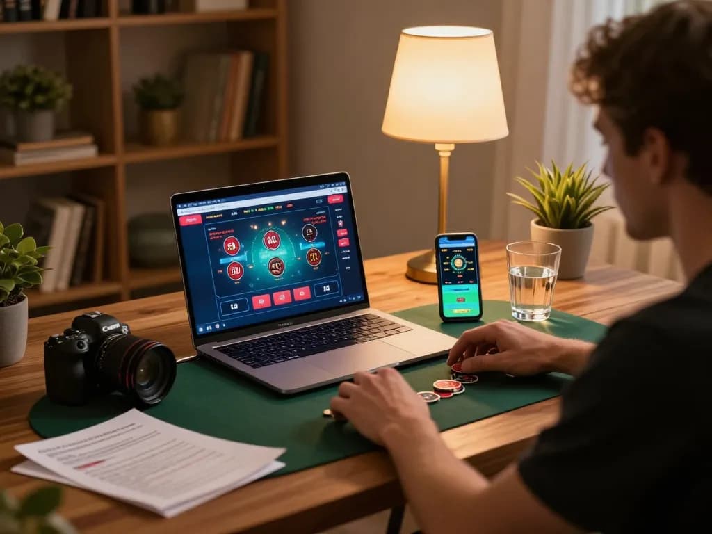 Engaging online poker gameplay from an at-home setup with rikvip app visible on screen, illustrating a strategic gaming moment.