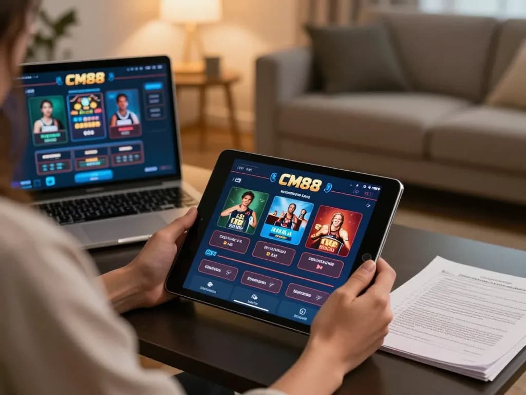 CM88 user engaged in online gaming with tablet on a stylish office desk, showcasing interactive casino interface.