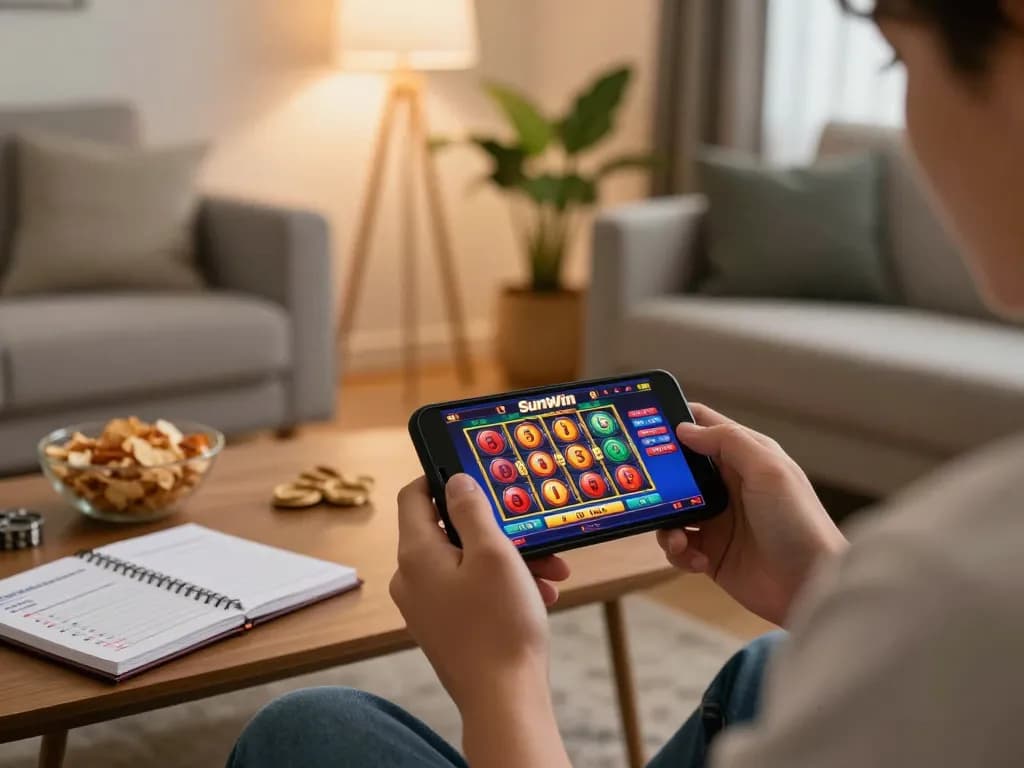Person enjoying a Sunwin mobile game in a cozy home setting, showcasing excitement and gaming strategy.