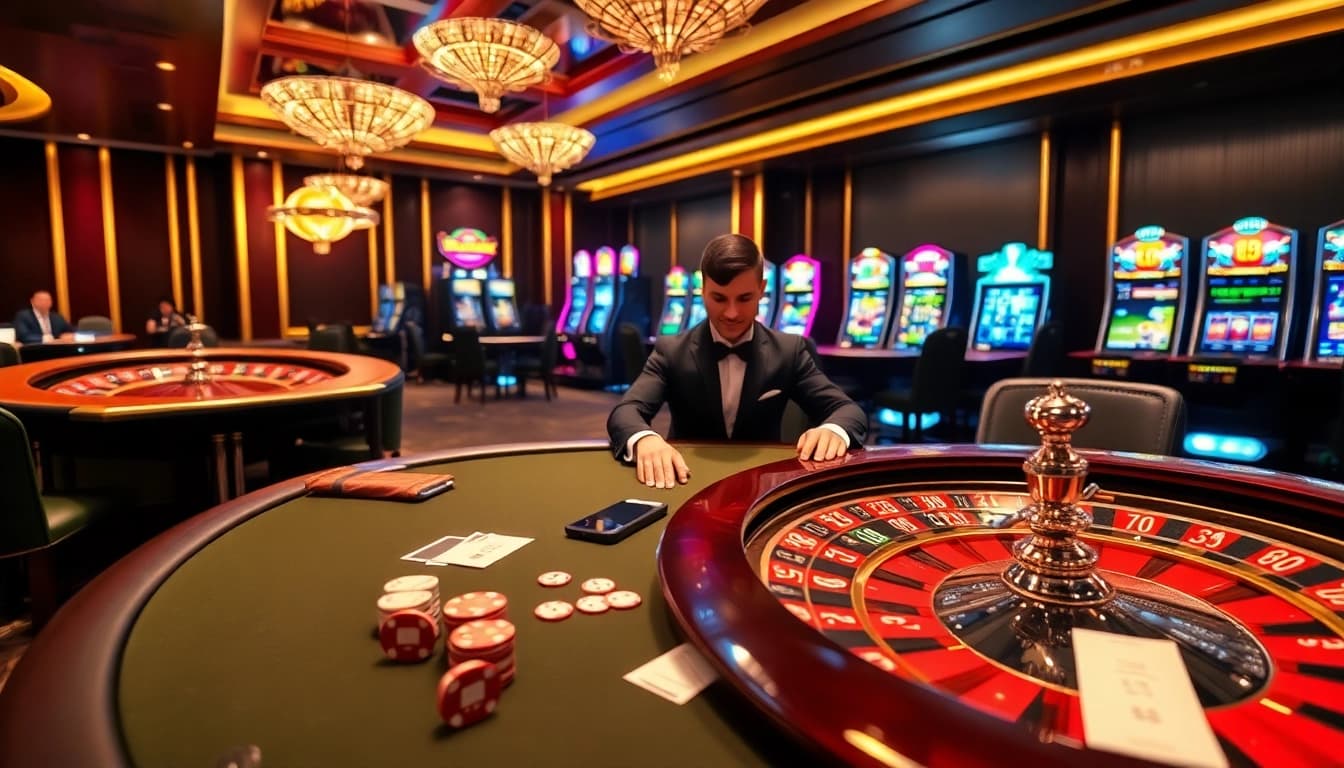 A vibrant casino scene showcasing excitement at nhà cái 789p with poker tables, roulette wheels, and slot machines.